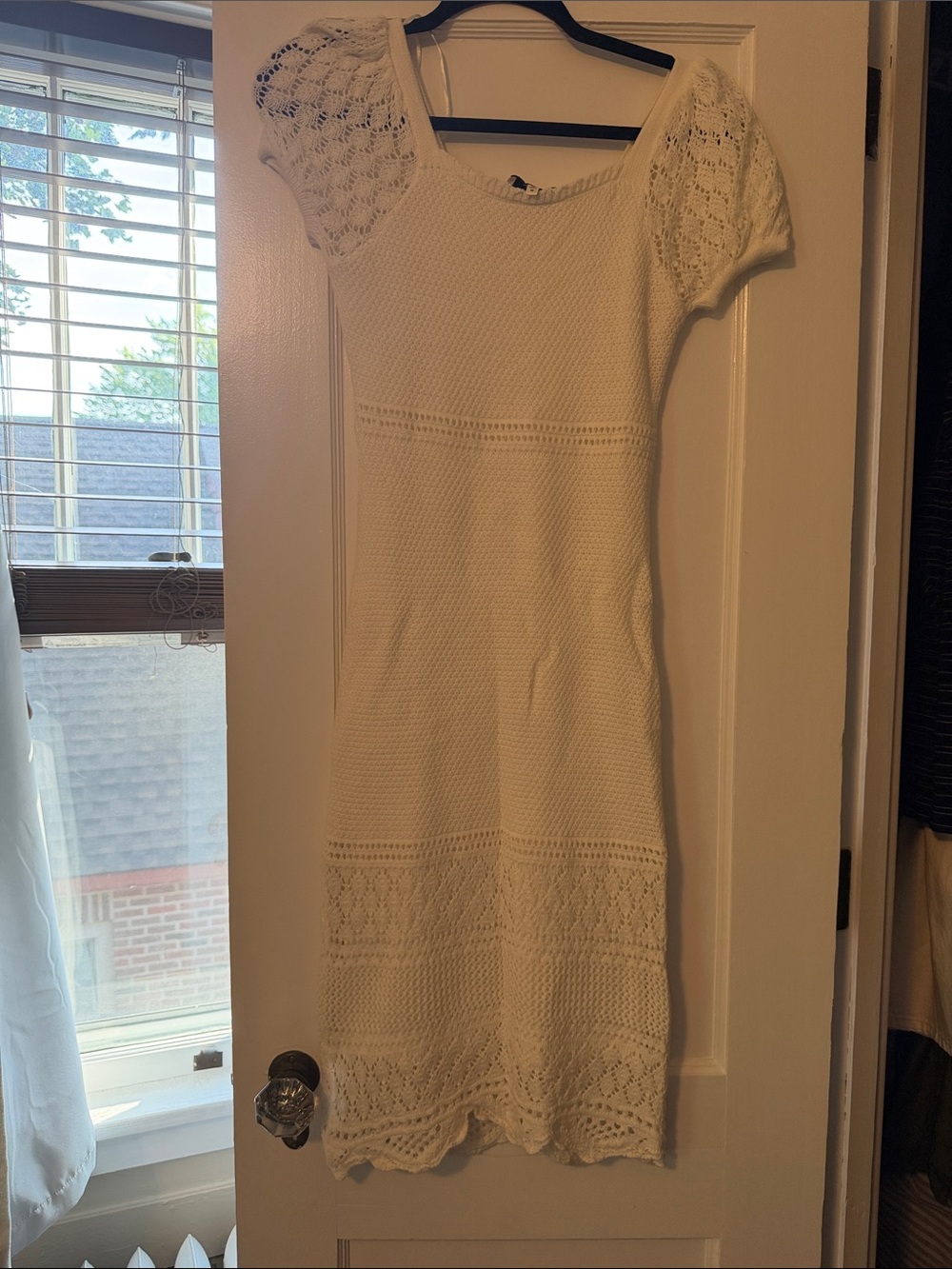 White Knit Short-Sleeve Crochet Midi Dress